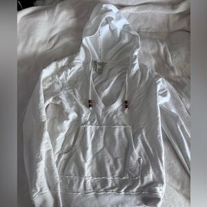 Banana Republic White Hooded V-Neck Top with Wooden Bead Drawstrings
